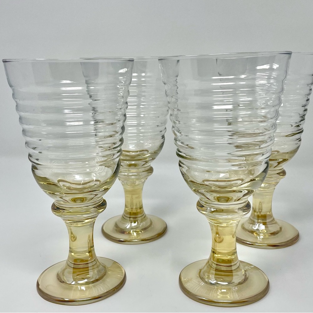 Vintage Libbey Sirrus Amber or Yellow Ribbed Water Goblets Set of 4 Barware